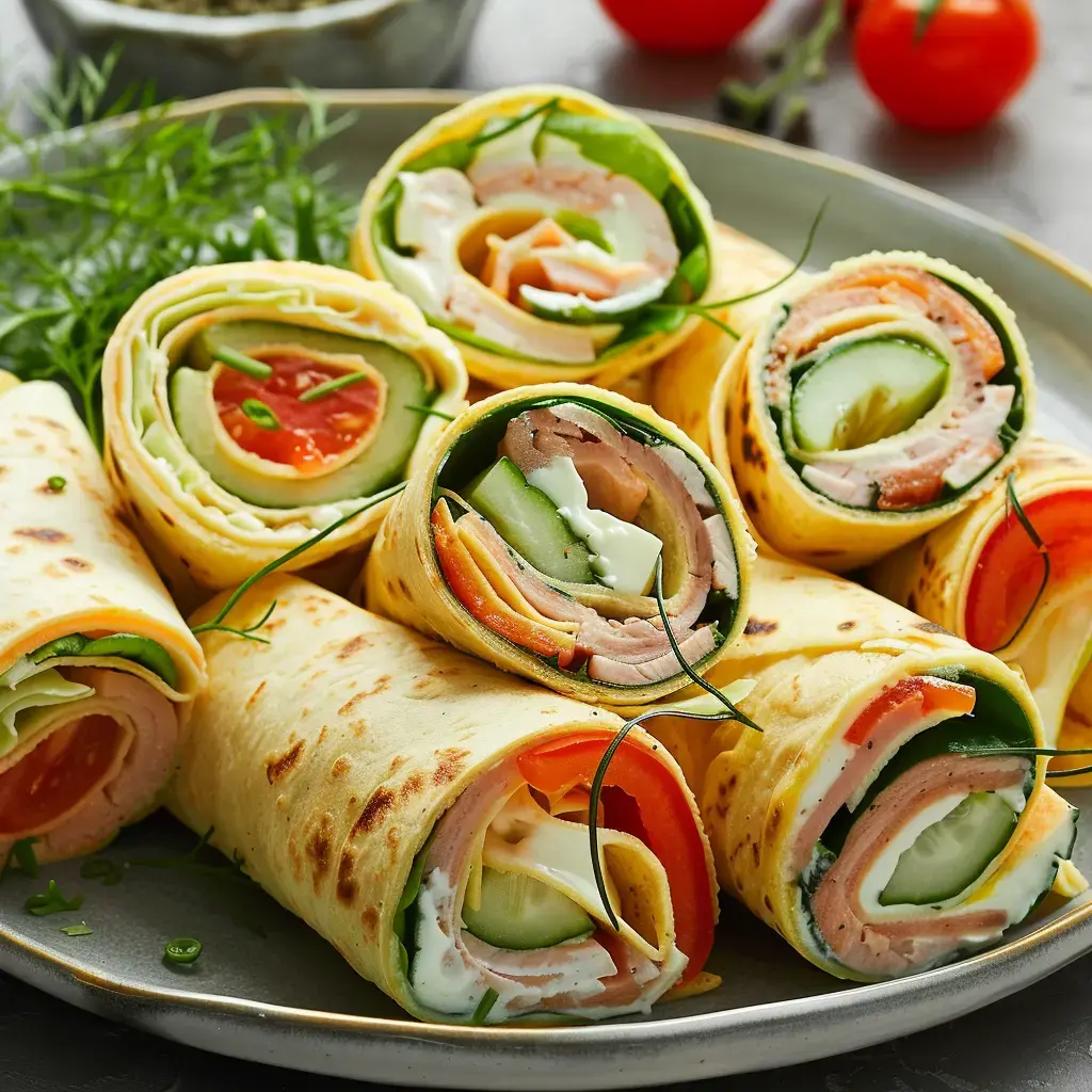 Wraps apéritifs garnis de jambon, légumes frais et fromage, présentés sur une assiette de service