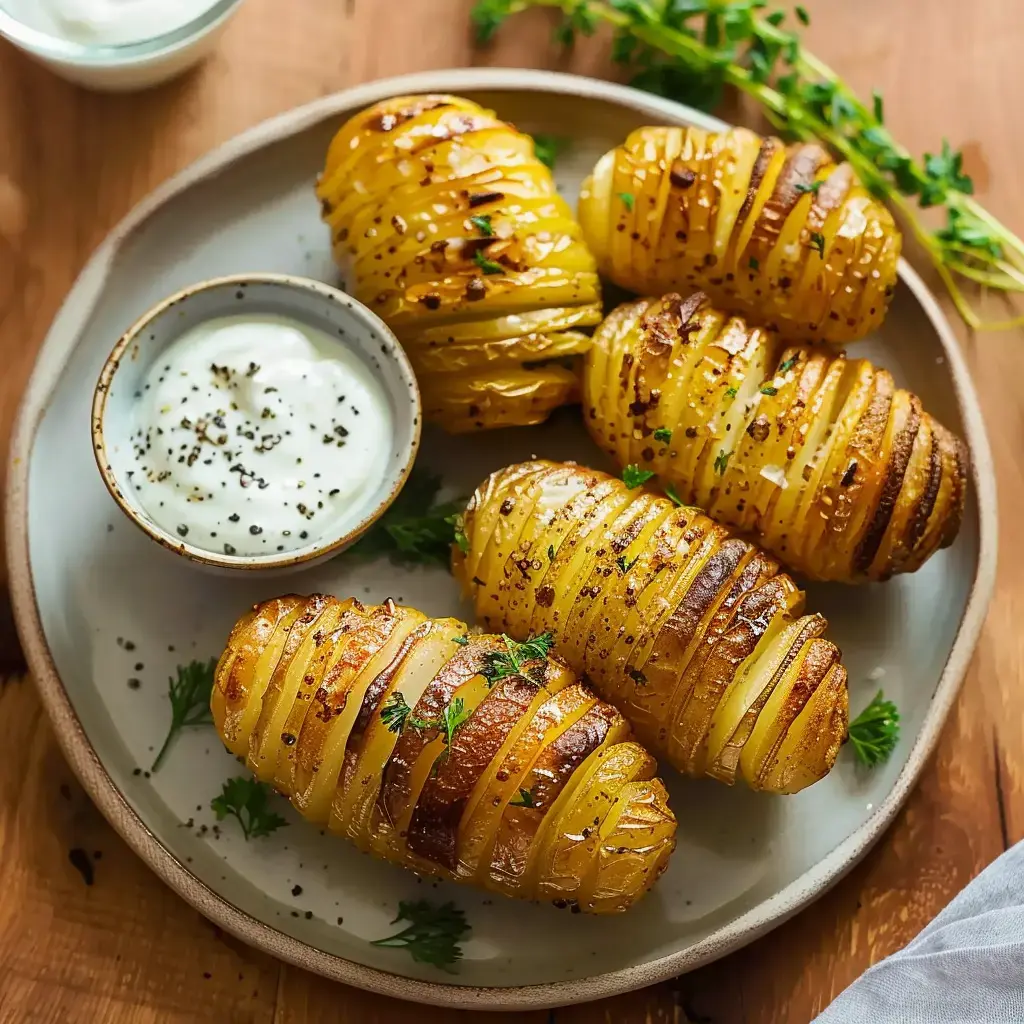 Quatre pommes de terre Hasselback dorées servies avec une sauce au fromage blanc parsemée d'herbes fraîches