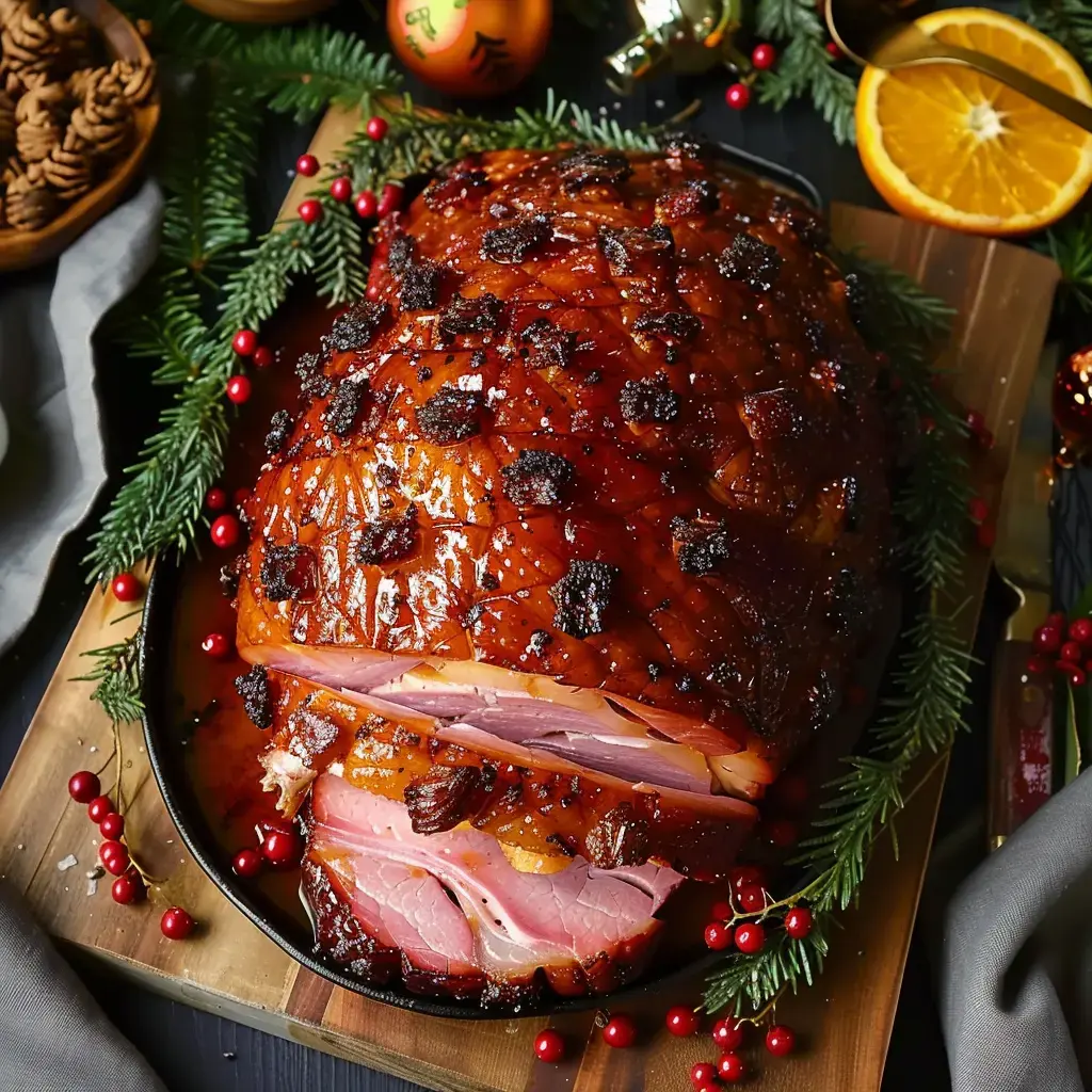 Un jambon glacé décoré de baies et de branches de sapin est présenté sur une planche en bois avec des ornements de Noël en arrière-plan.