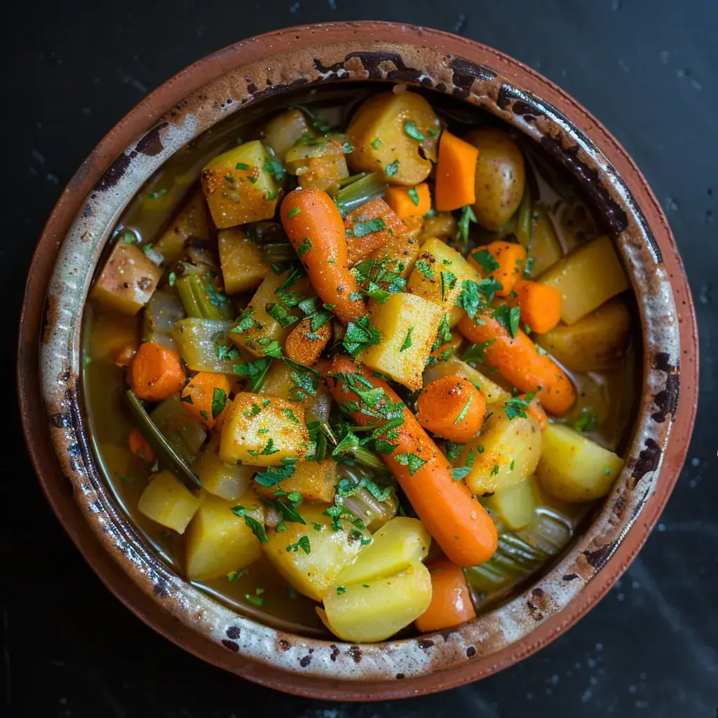 Un couscous végétarien coloré avec des légumes de saison, servi dans un plat traditionnel en terre cuite.