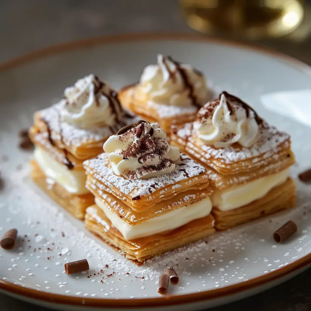 Mille-feuilles classique avec glaçage marbré, crème pâtissière et pâte feuilletée dorée