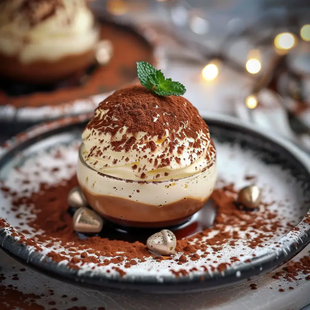 Dessert glacé tiramisu en forme de sphère, saupoudré de cacao, présenté sur une assiette élégante.