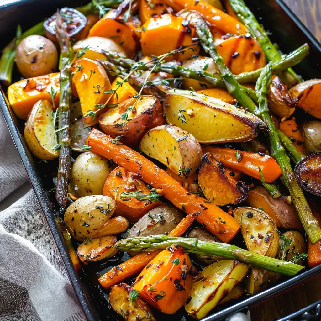 L'image montre un plat de légumes rôtis colorés, comprenant des carottes, des pommes de terre, des courges et des asperges, assaisonnés d'herbes.