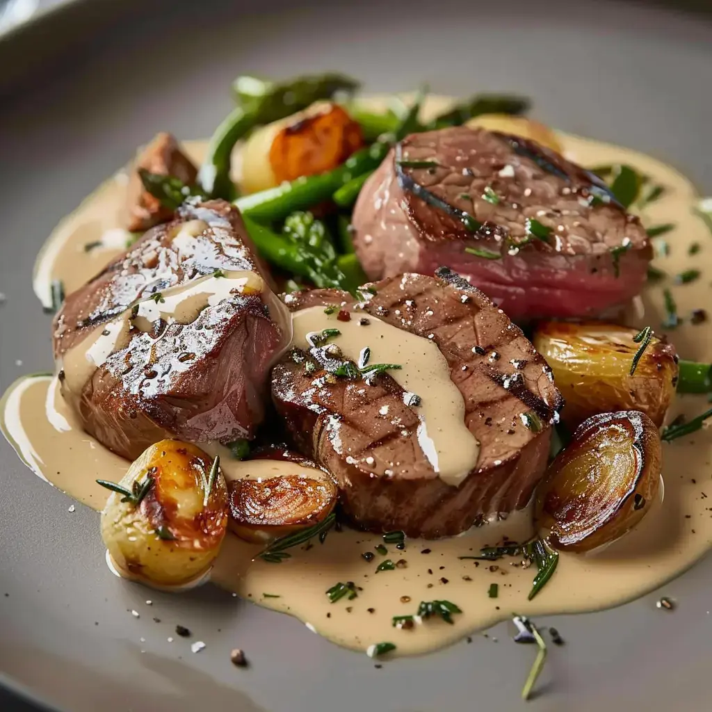 Filet de bœuf grillé accompagné d'échalotes confites, d'asperges vertes et nappé d'une sauce crémeuse