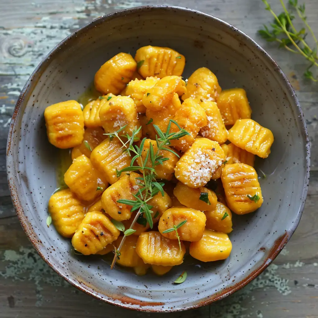 Gnocchis dorés au beurre, parsemés de thym frais et de parmesan