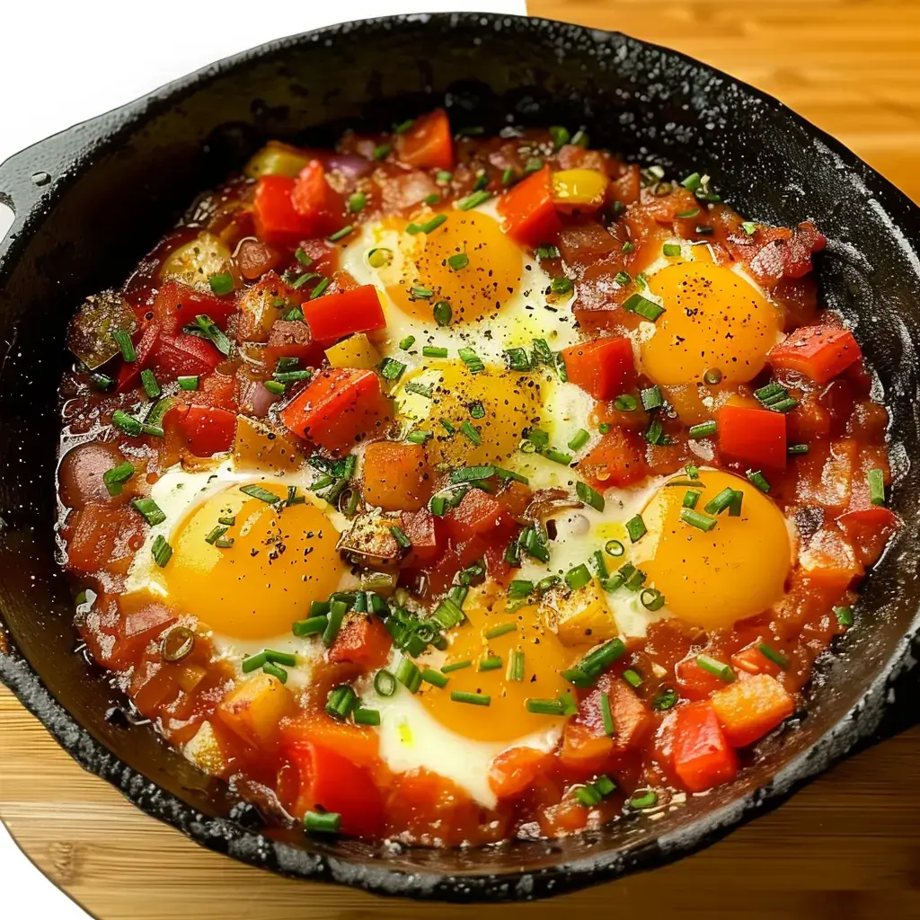 Des œufs pochés dans une sauce provençale aux tomates, poivrons et herbes fraîches, servis dans une poêle en fonte.