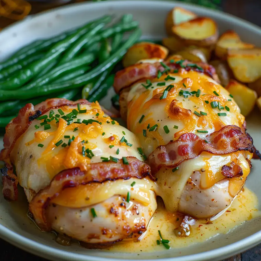 Escalopes de poulet enroulées de jambon de Bayonne, gratinées au Comté, accompagnées de haricots verts et pommes de terre dorées.