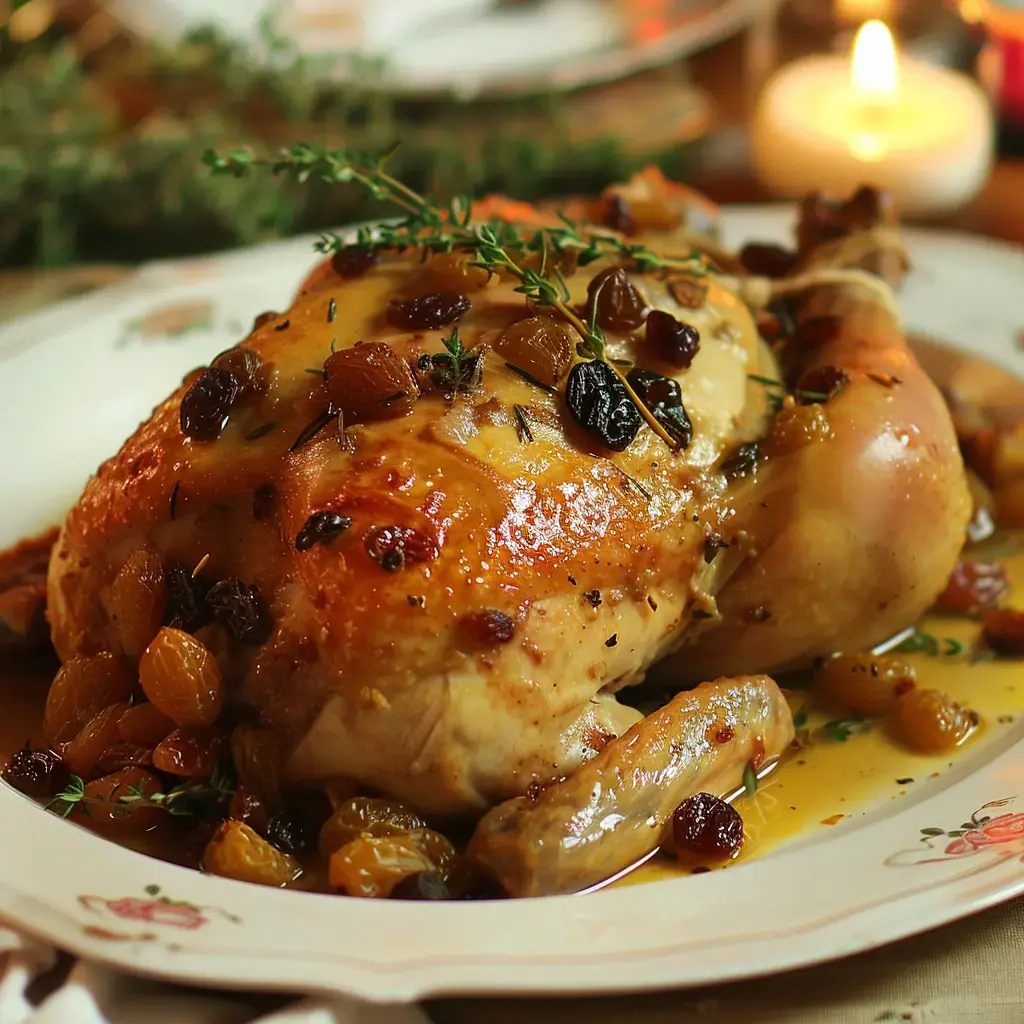 Poulet rôti aux pruneaux et thym frais, présenté sur un plat en terre cuite avec sa garniture de légumes