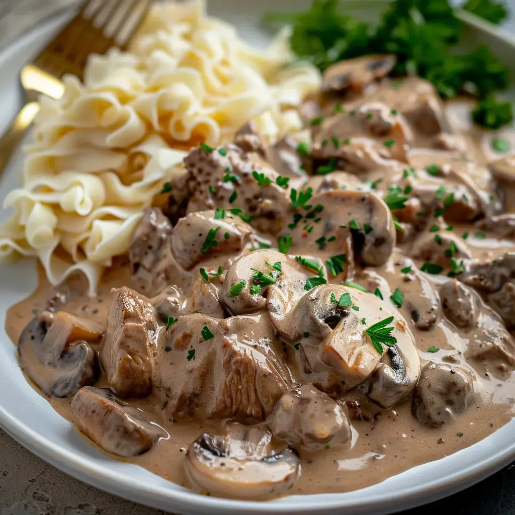 Bœuf Stroganoff servi avec des tagliatelles fraîches, nappé de sauce crémeuse aux champignons et parsemé de persil