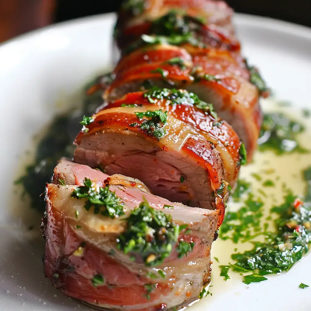 Filet mignon en persillade tranché, enrobé de lard fumé doré, présenté sur une assiette avec sa garniture verte.