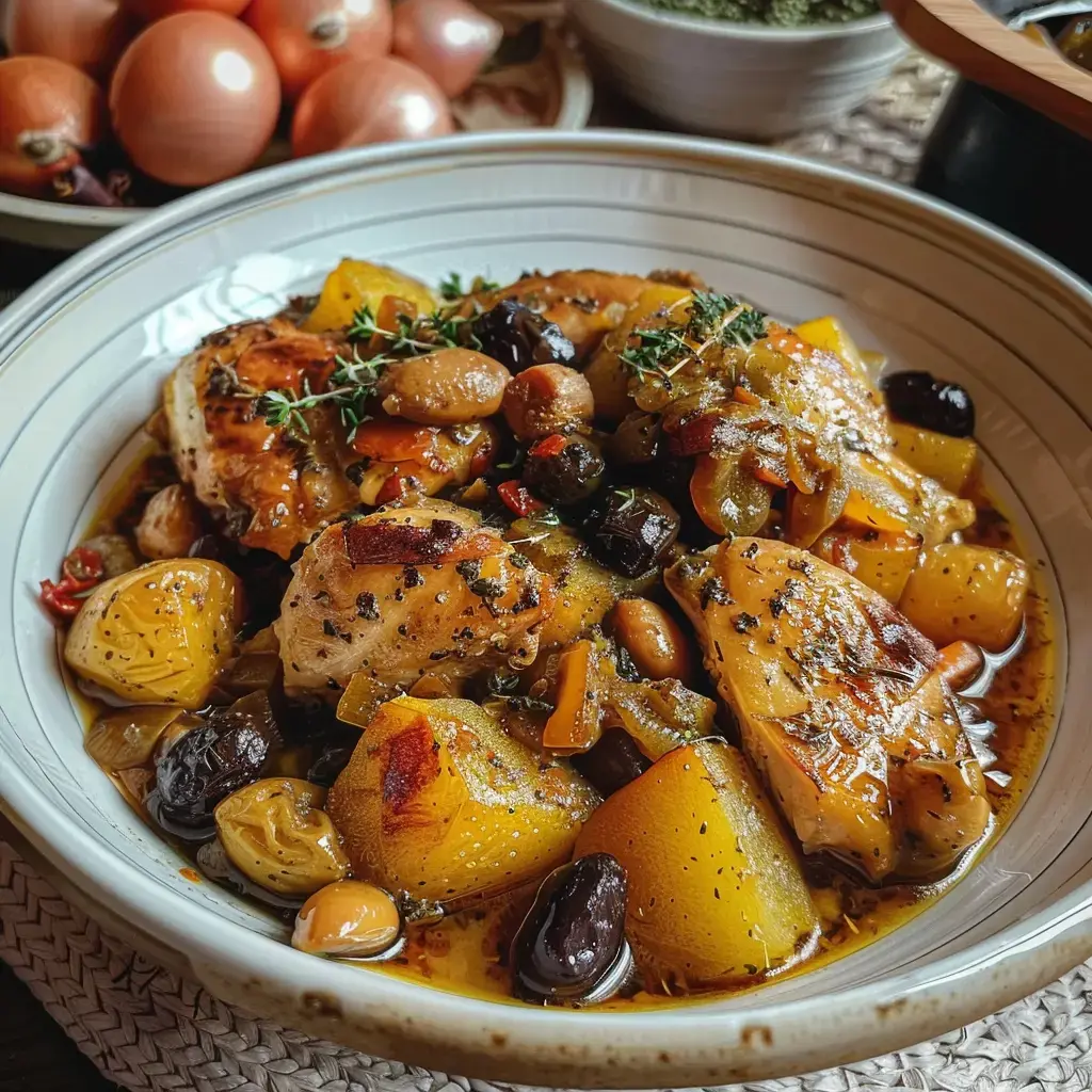 Tajine de poulet aux pruneaux d'Agen, pommes de terre et olives de Nyons, parsemé d'herbes fraîches