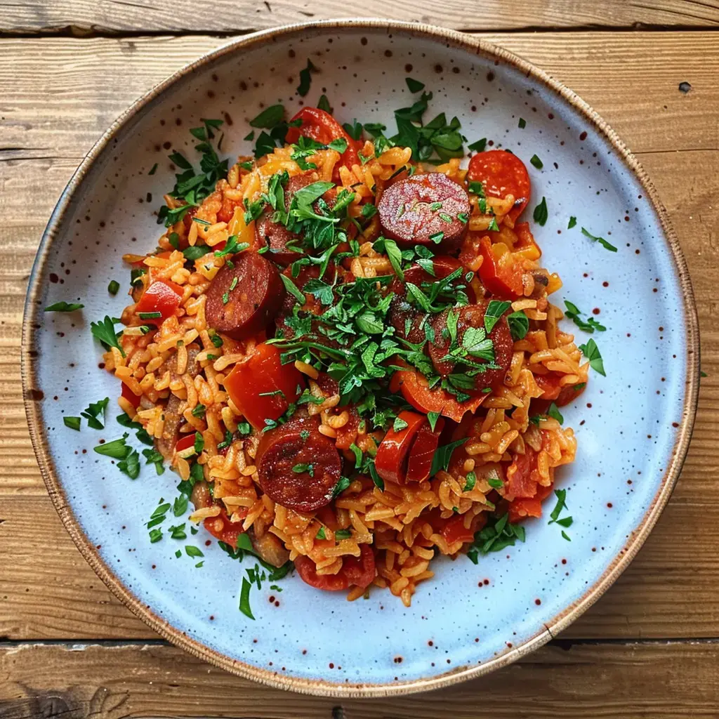 Assiette de riz à la sauce tomate garnie de tranches de chorizo de Bayonne et persil frais