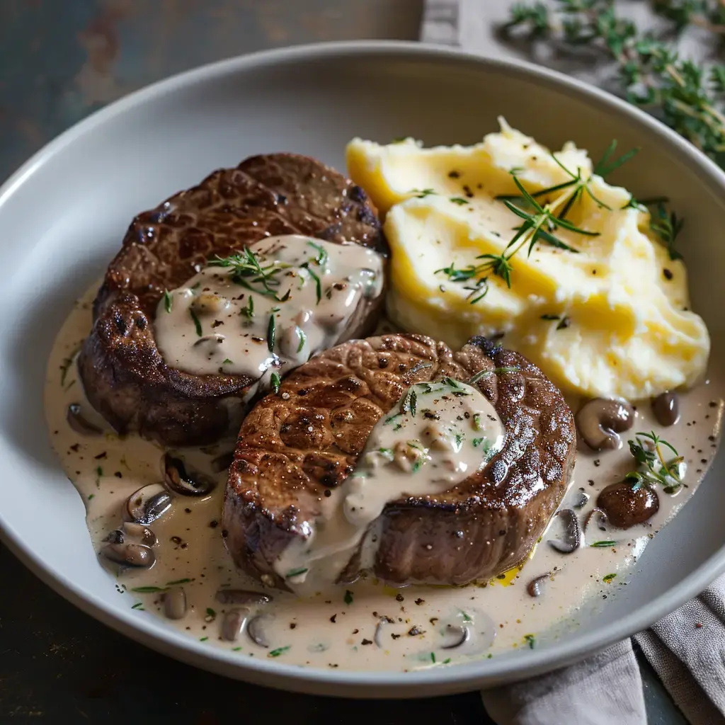 Tournedos nappés de sauce aux échalotes, accompagnés d'une purée maison et décorés d'herbes fraîches