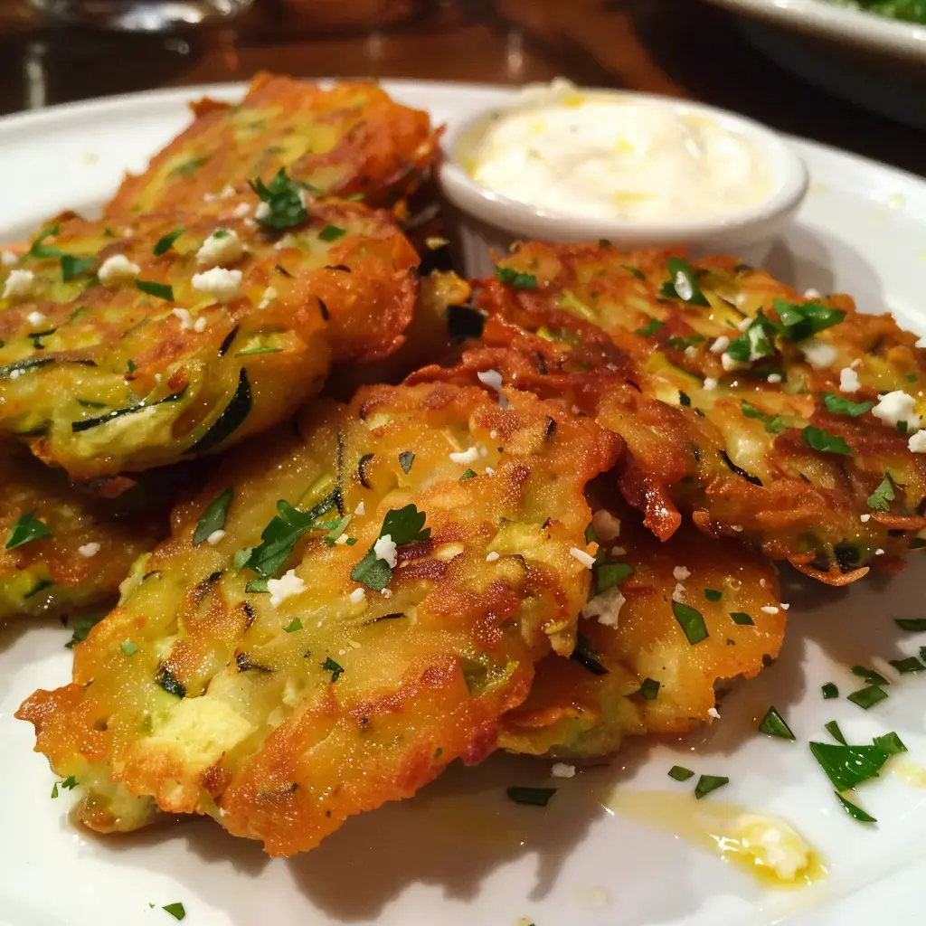 Beignets de courgettes dorés, garnis d'herbes fraîches et accompagnés d'une sauce au yaourt