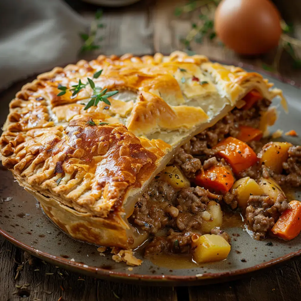 Tourte française traditionnelle dorée, garnie de bœuf haché et légumes, présentée sur un plat en bois rustique