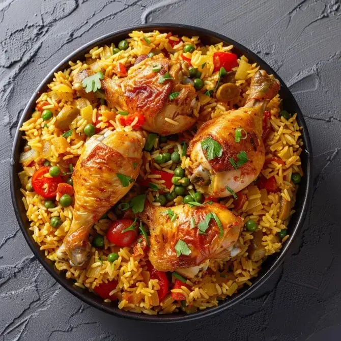 Un plat de riz aux épices garni de poulet rôti et légumes du marché