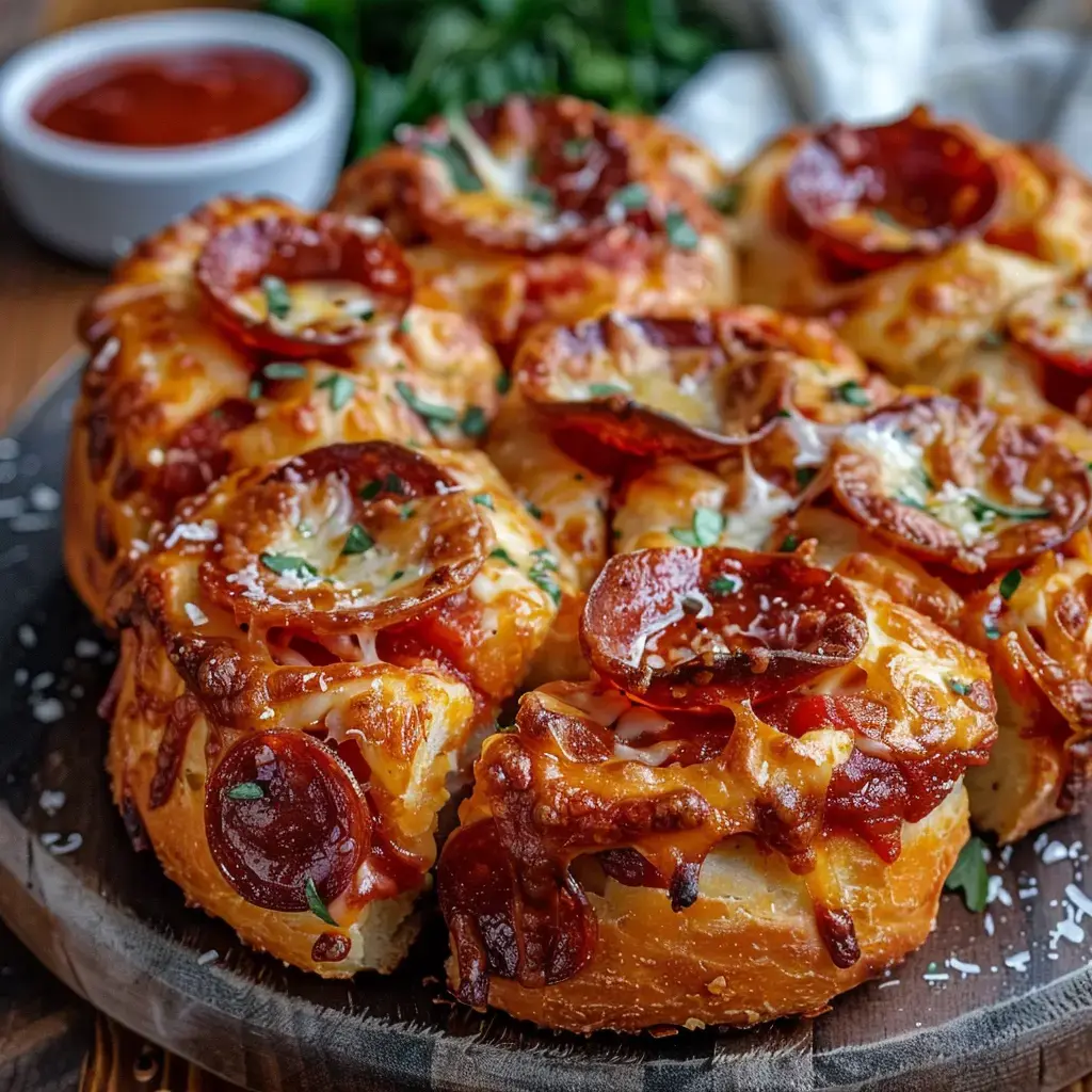 Pain à partager garni de chorizo et de fromage, accompagné d'une sauce tomate.