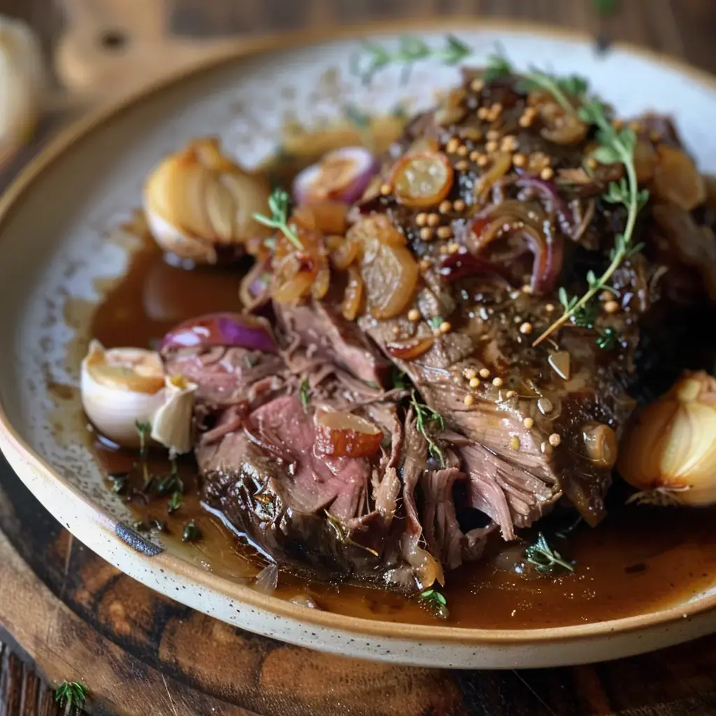 Un plat de porc braisé à la bière, tranché et nappé de sa sauce aux oignons caramélisés, parsemé d'herbes fraîches