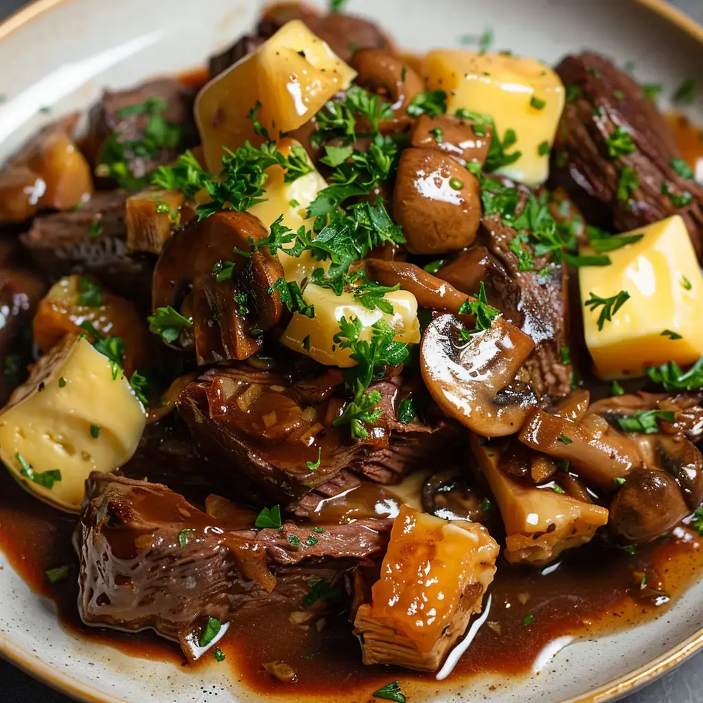 Un bœuf bourguignon aux champignons nappé d'Époisses fondu, garni de persil frais