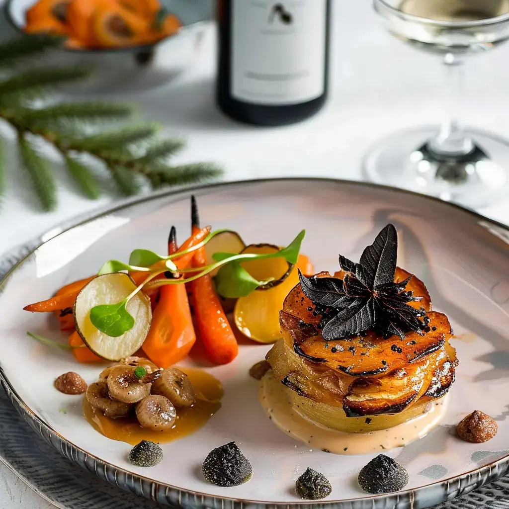 Une assiette gastronomique élégante présentant un mille-feuilles de pommes de terre aux truffes, entouré de carottes glacées et nappé d'une sauce aux morilles