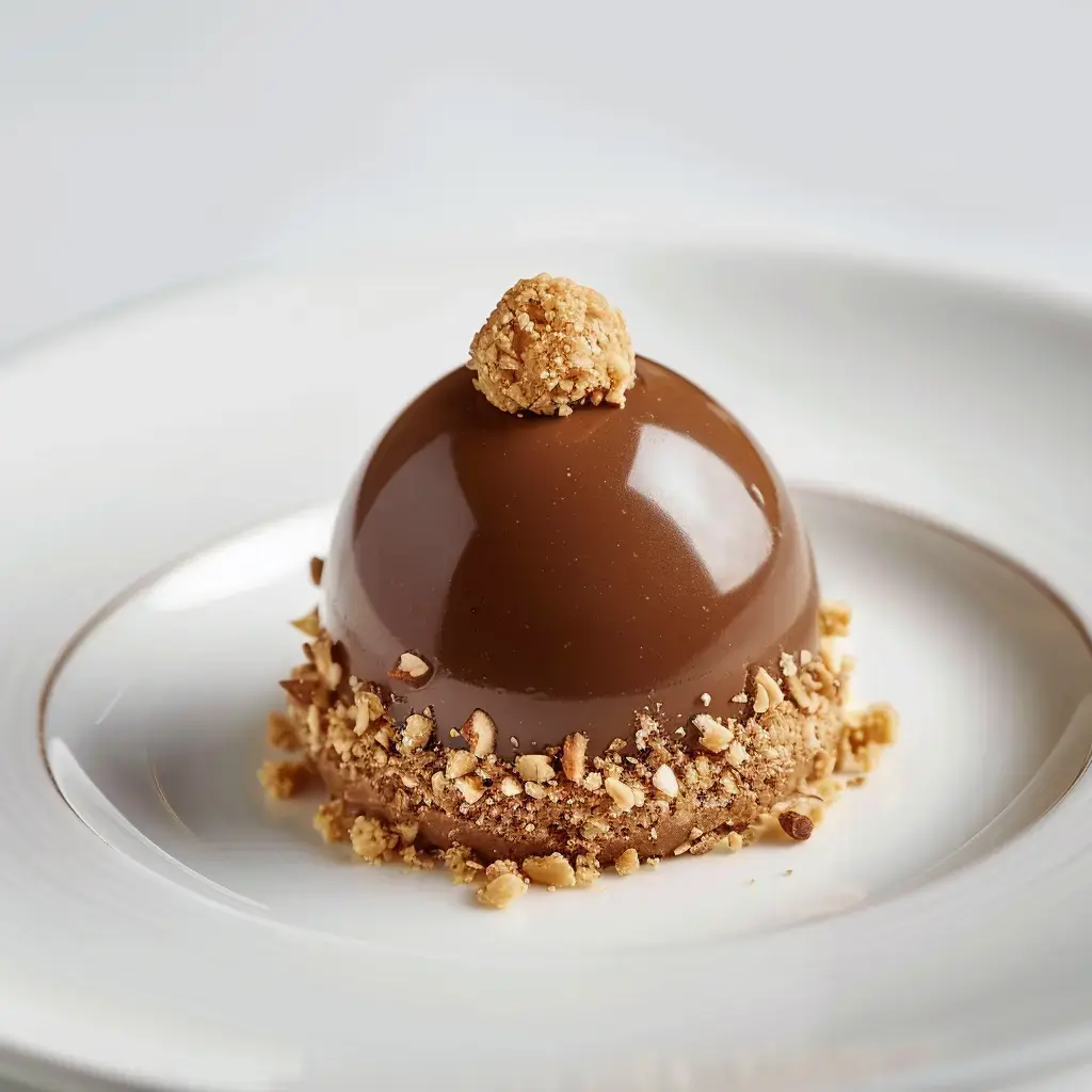 Un dôme chocolaté décoré de noisettes concassées avec une garniture pralinée