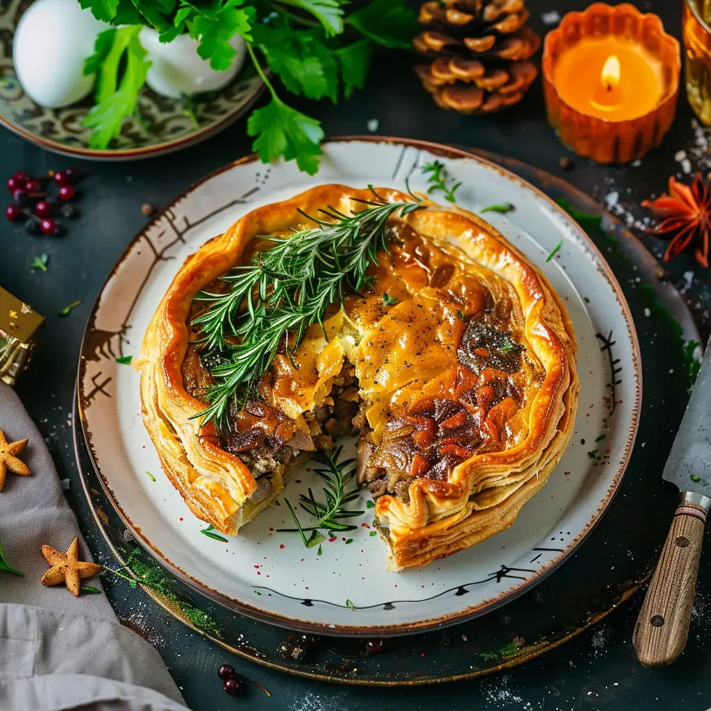 Une tourte dorée et feuilletée, garnie de champignons et marrons, décorée de brins de thym frais, présentée sur un plat de service avec une décoration festive.