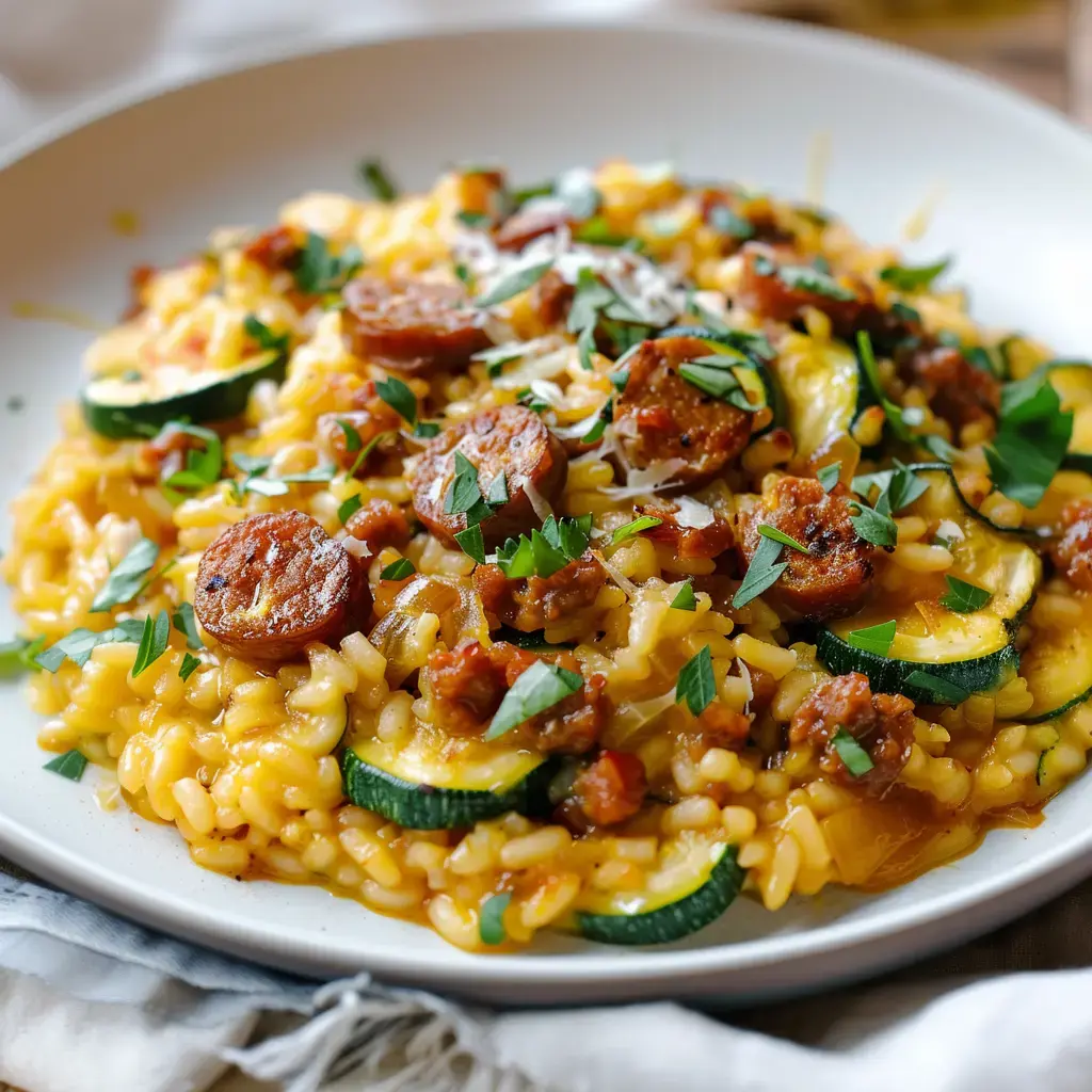 Un risotto crémeux aux courgettes, saucisse de Morteau et herbes fraîches