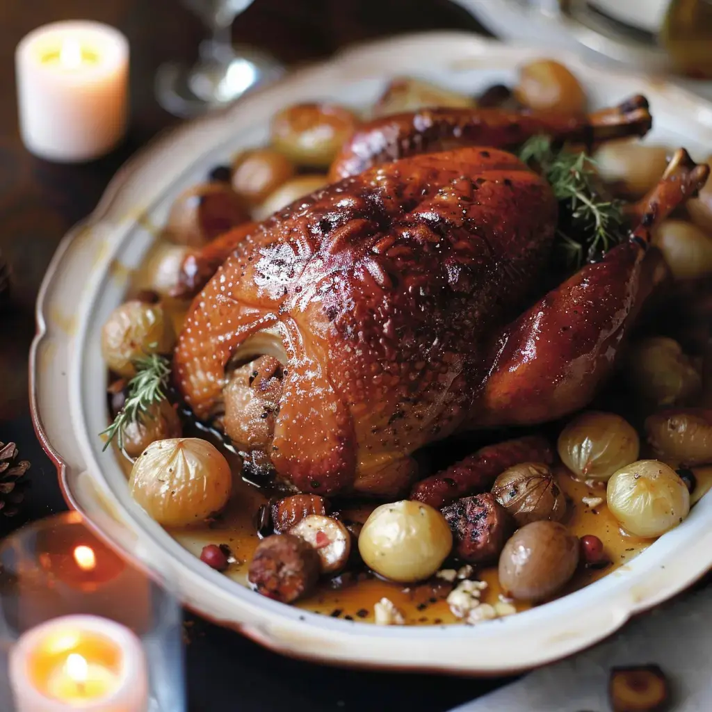 Une dinde rôtie dorée servie sur un plat avec marrons et légumes d'accompagnement