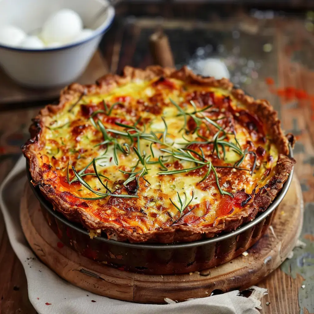 Quiche dorée aux légumes sur une planche en bois rustique, accompagnée d'œufs frais