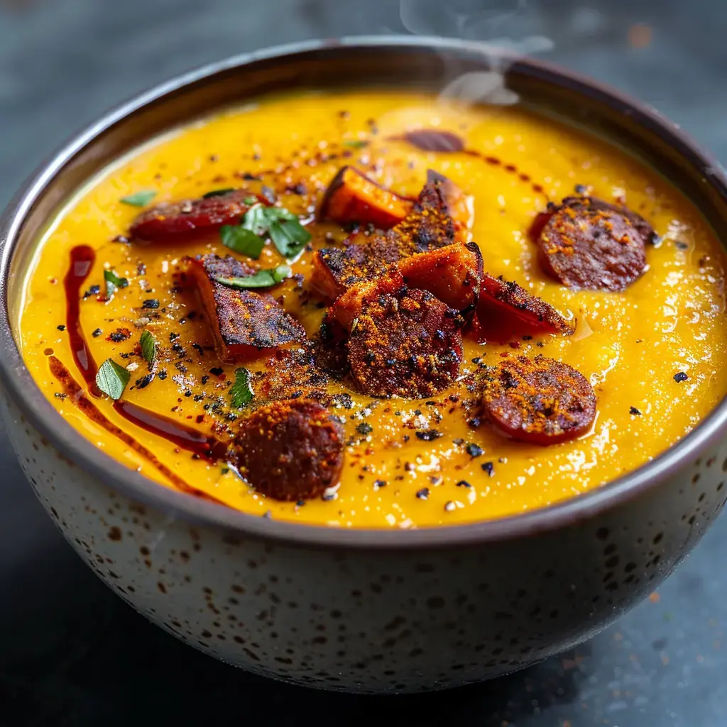 Velouté onctueux de patate douce garni de chorizo croustillant et d'herbes fraîches