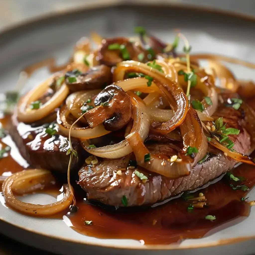 Bœuf caramélisé aux oignons doux, sauce brillante et garniture de légumes frais