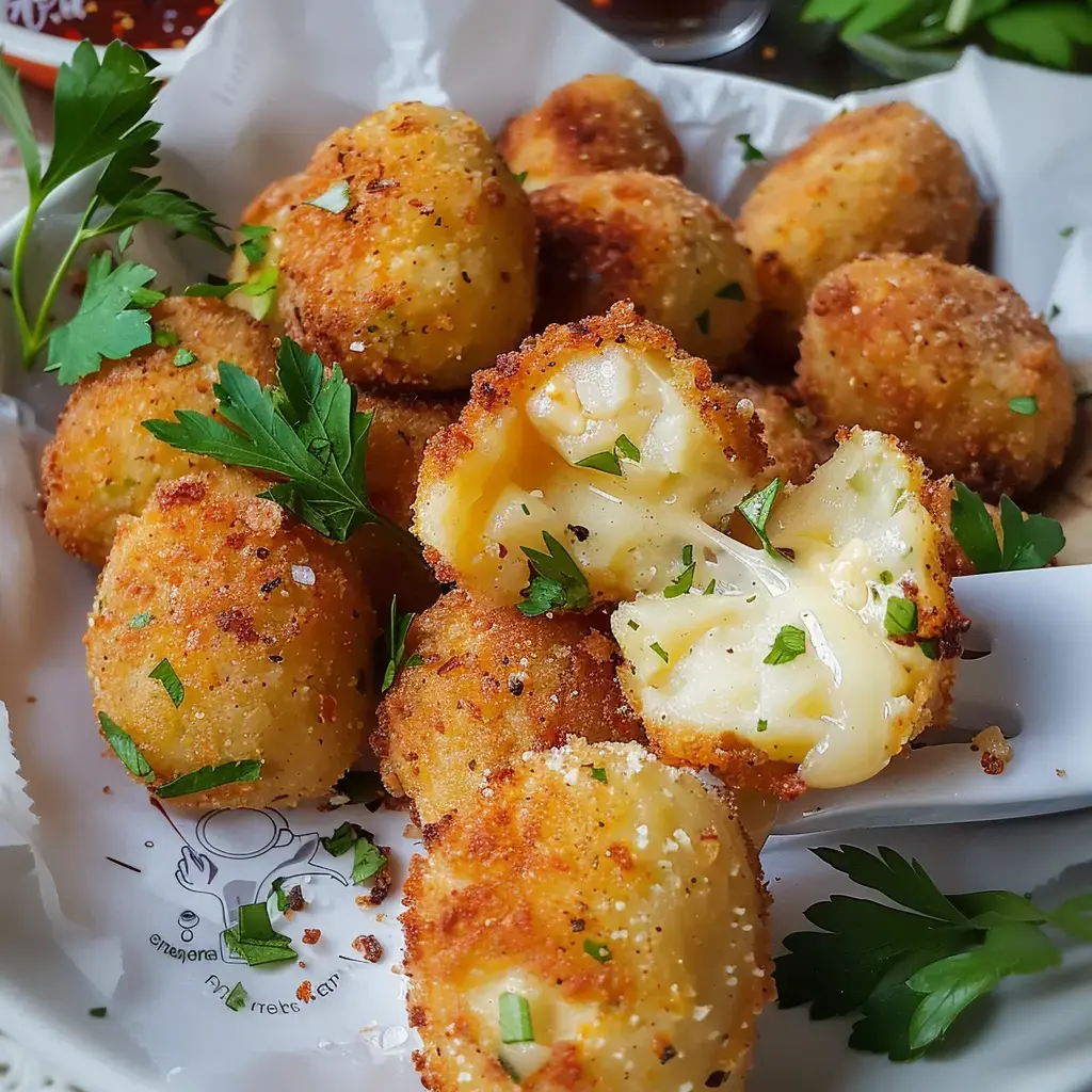 Cromesquis dorés au fromage fondant, dressés élégamment avec un bouquet de persil frais