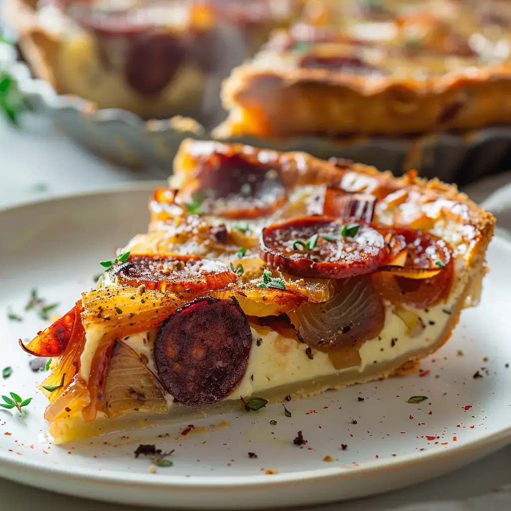 Une part de tarte aux oignons et saucisson, garnie d'herbes fraîches sur une assiette de service