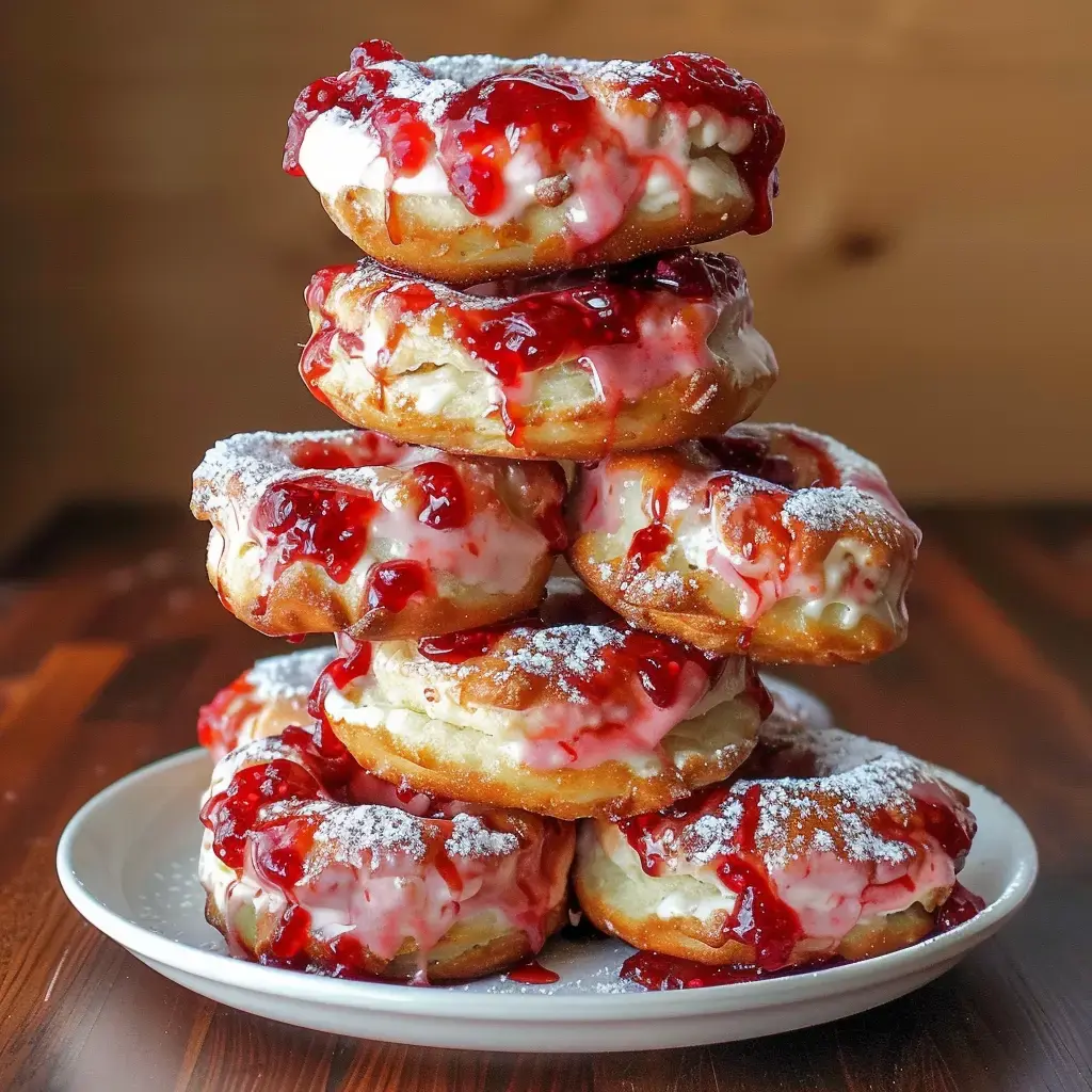 Des beignets dorés nappés de glaçage rose et garnis de confiture, saupoudrés délicatement de sucre glace