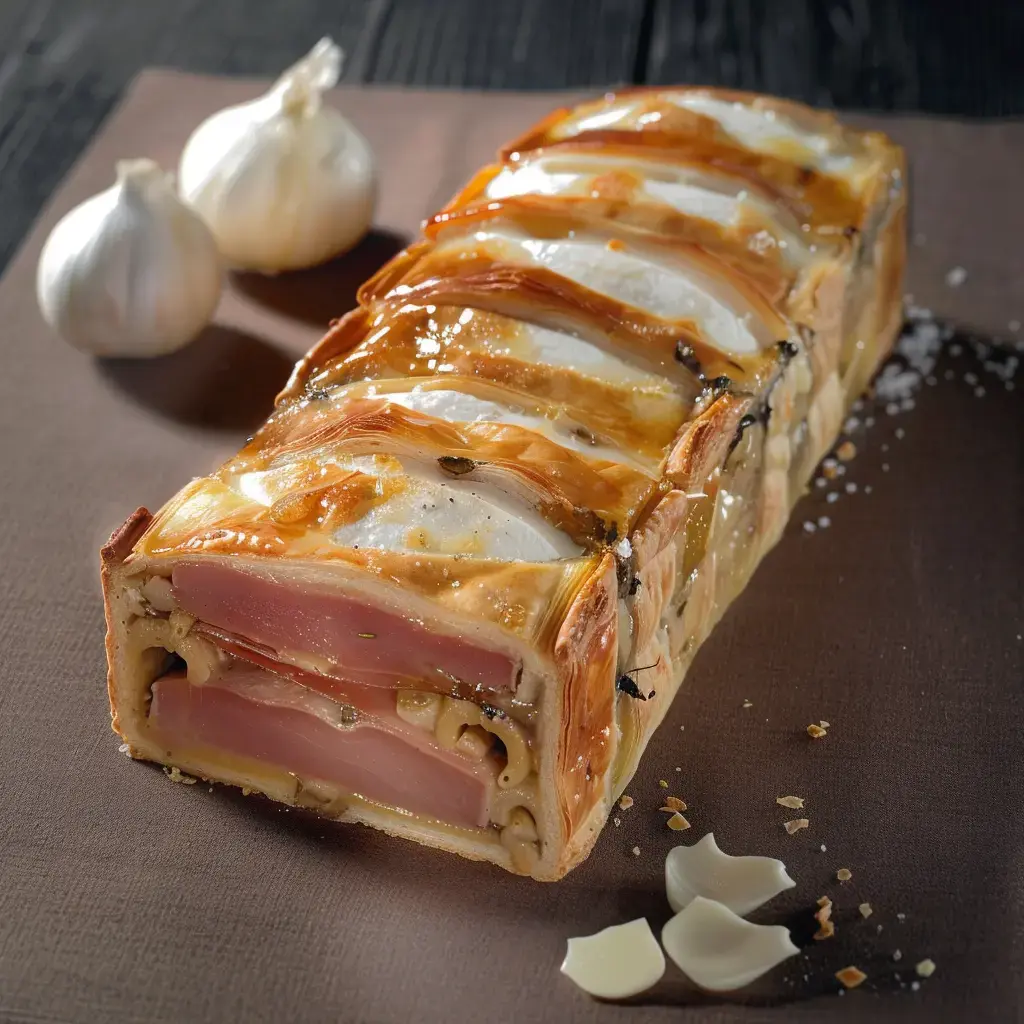 Une terrine en croûte traditionnelle française accompagnée d'ail rose de Lautrec sur un plateau en ardoise