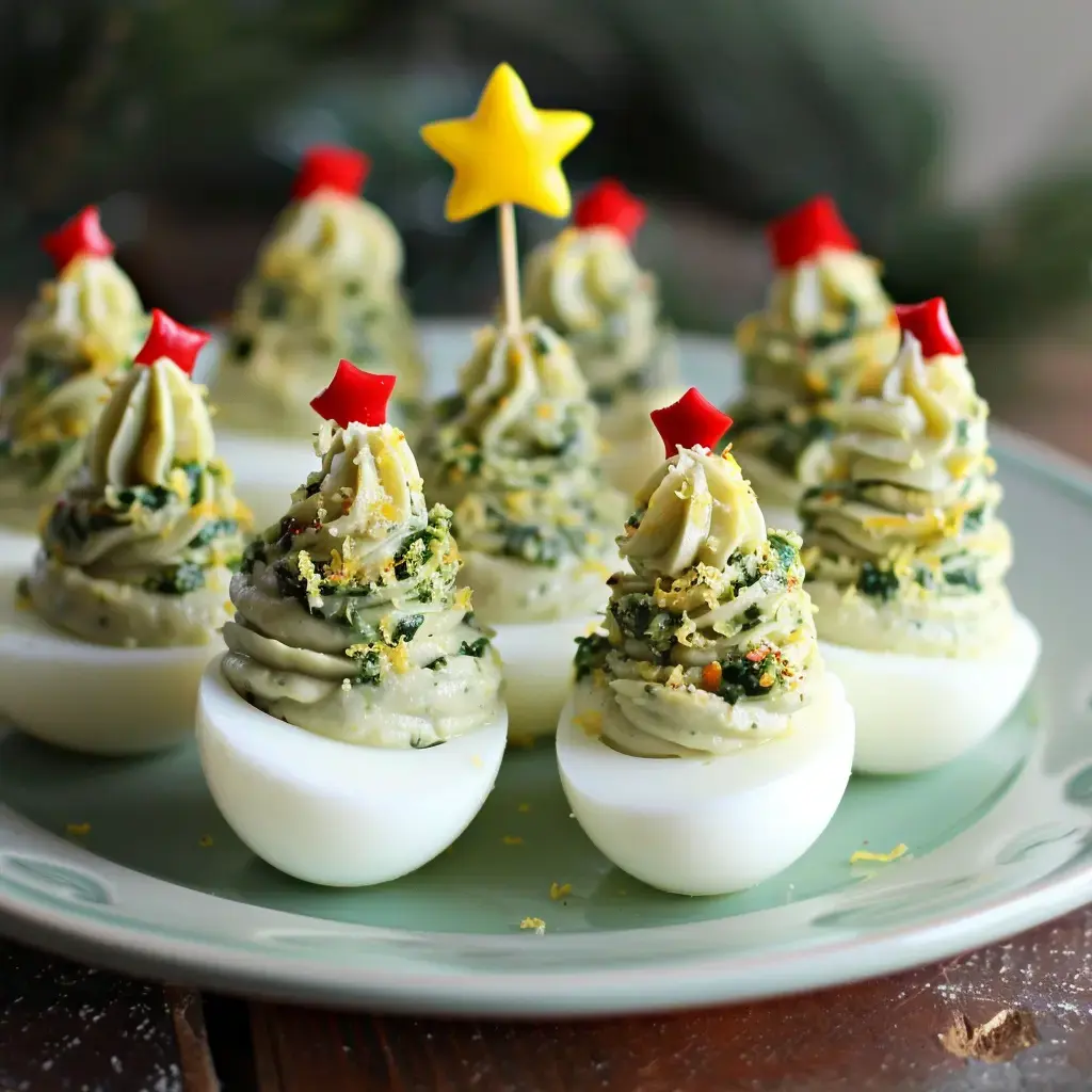 Des œufs mimosa décorés en sapins de Noël avec garniture verte et décorations festives