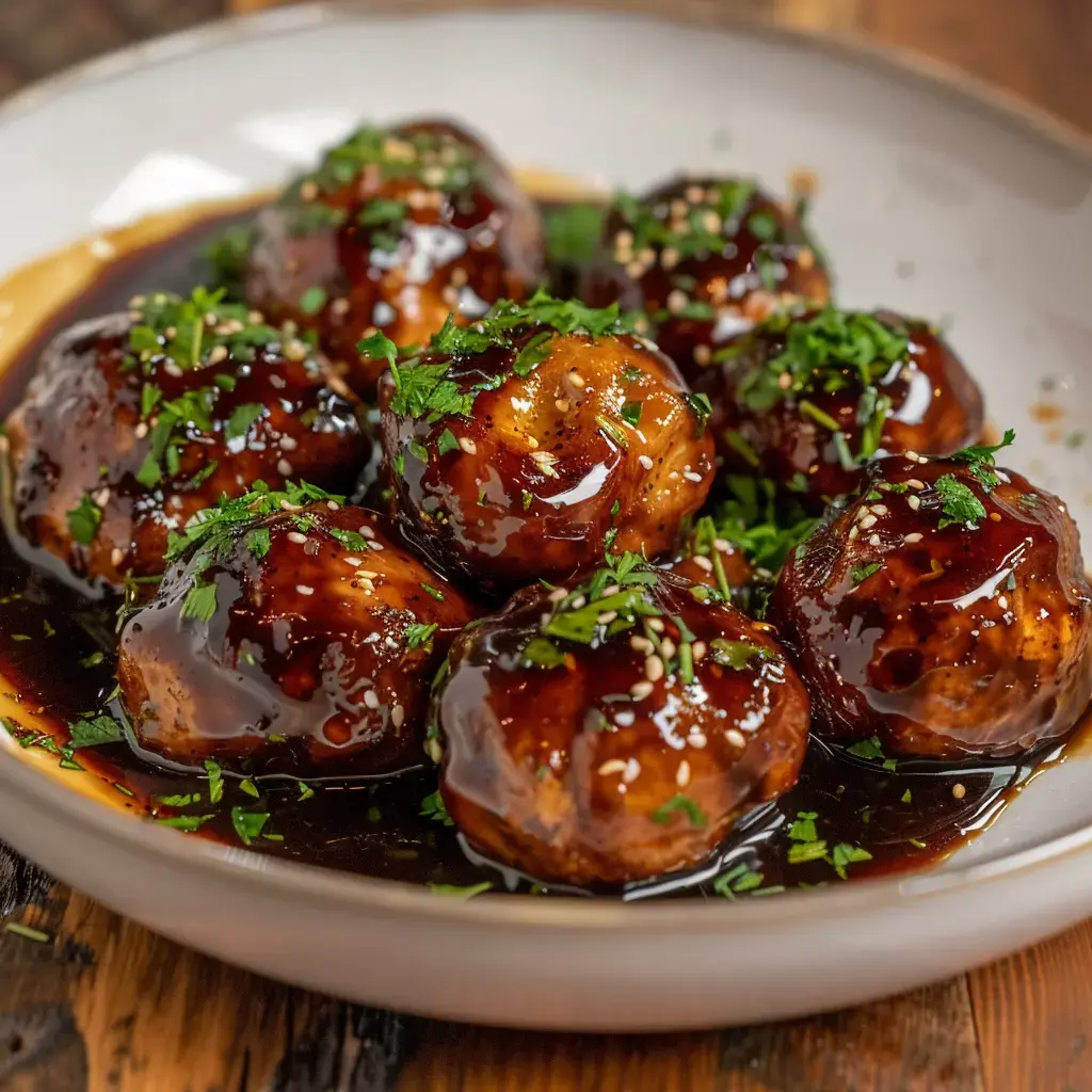 Des boulettes de viande glacées avec une sauce brillante, garnies de coriandre et de graines de sésame, servies dans une assiette.