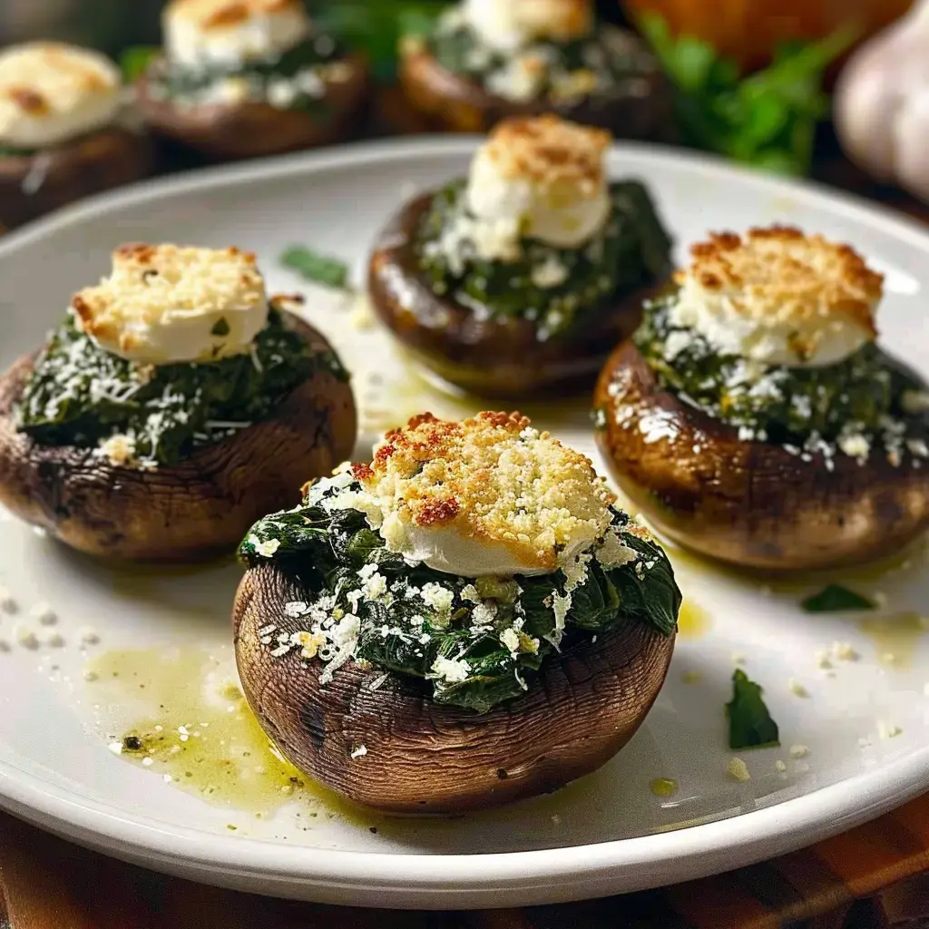Champignons farcis aux épinards et fromages français, gratinés à la chapelure dorée, dressés sur un plat de service.