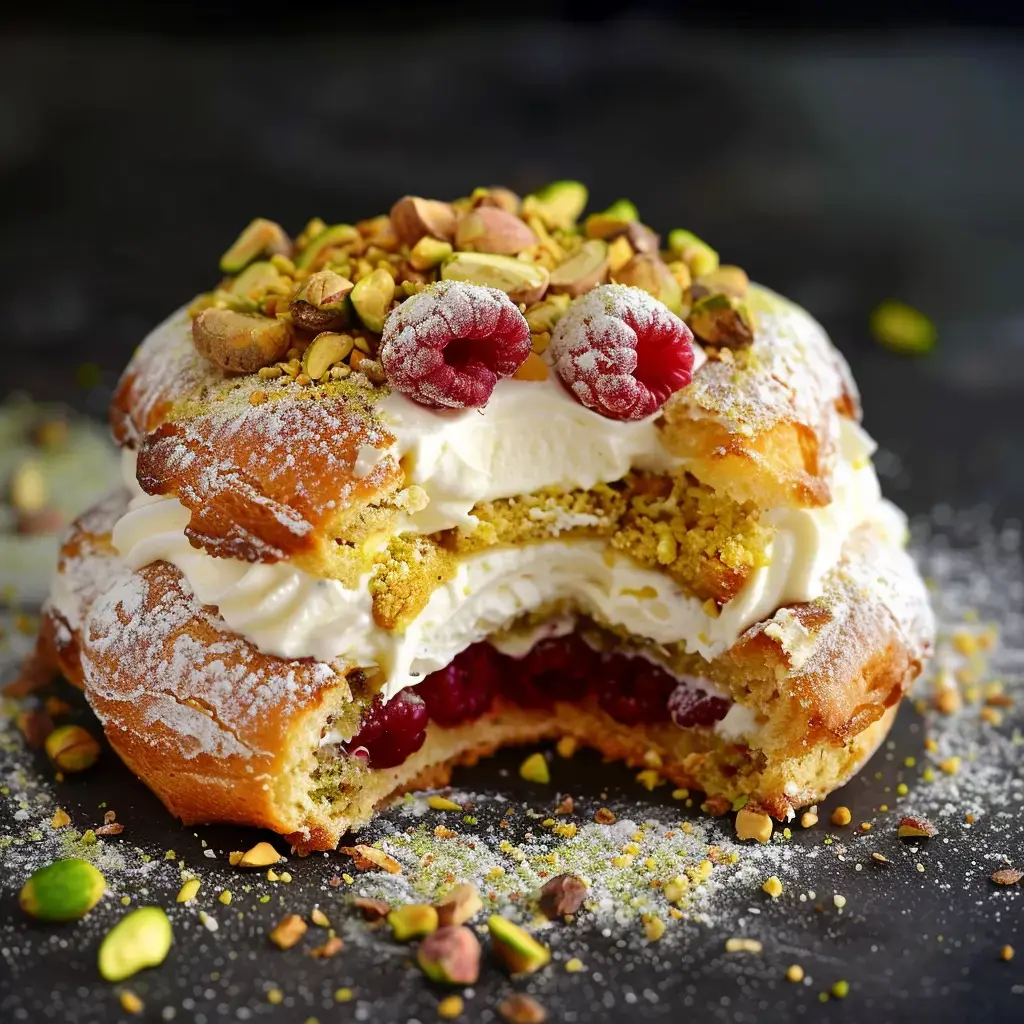 Un Paris-Oriental garni de crème diplomate, framboises fraîches et pistaches caramélisées, saupoudré de sucre glace