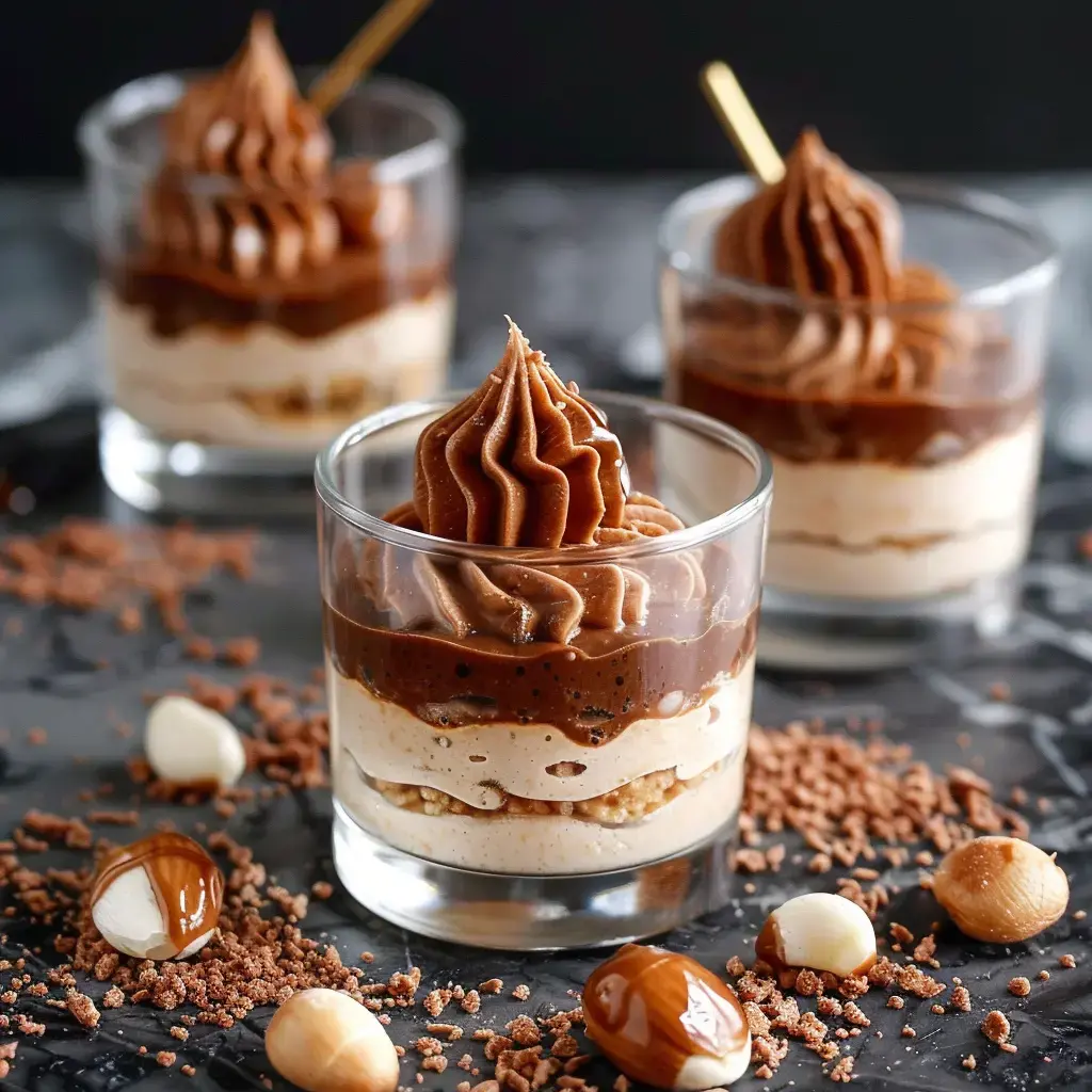 Verrines multicouches avec crème de marrons, biscuits émiettés et chantilly, décorées de marrons glacés