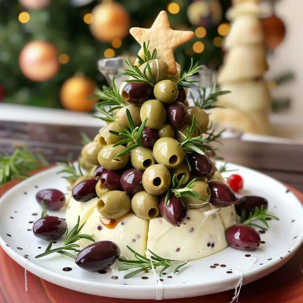 Sapin de Noël en fromage frais décoré d'olives et de romarin, surmonté d'une étoile dorée