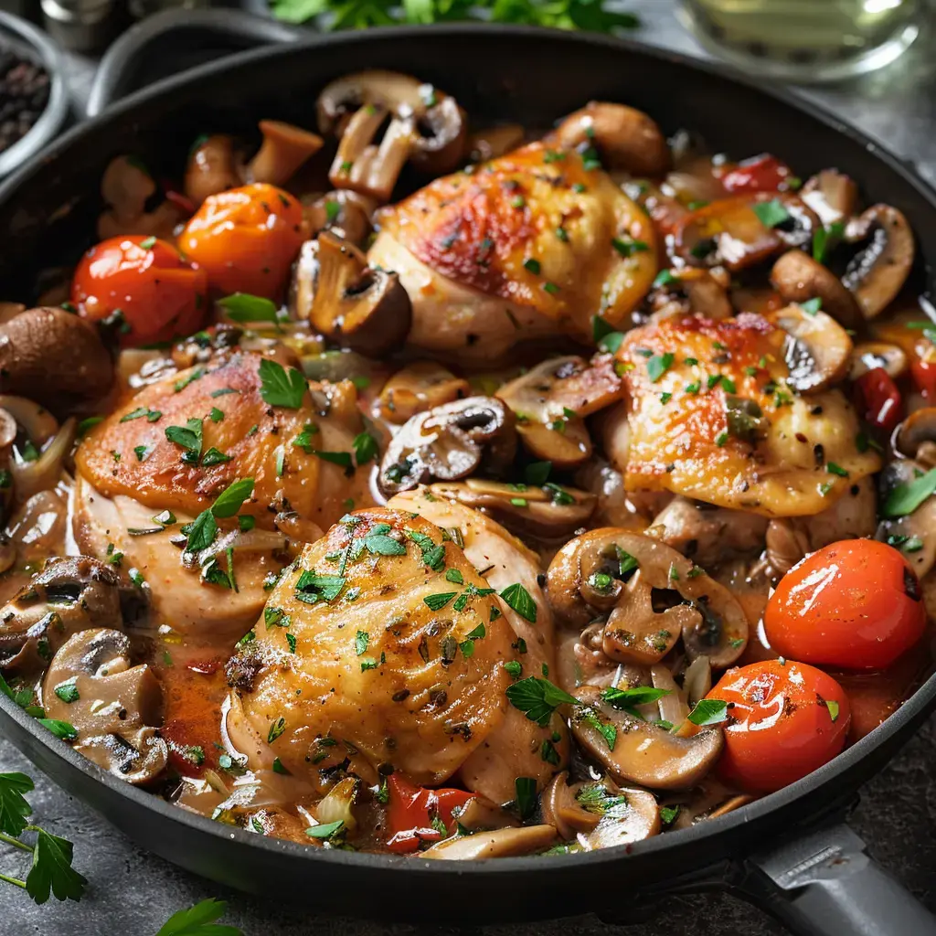 Poulet chasseur mijoté avec ses champignons et sa sauce crémeuse, parsemé de persil frais