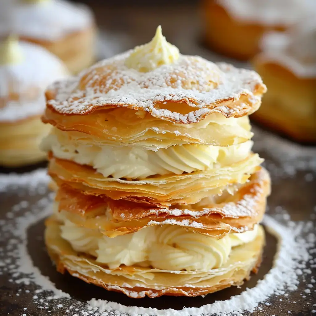 Mille-feuilles traditionnel à trois étages garni de crème pâtissière et saupoudré de sucre glace