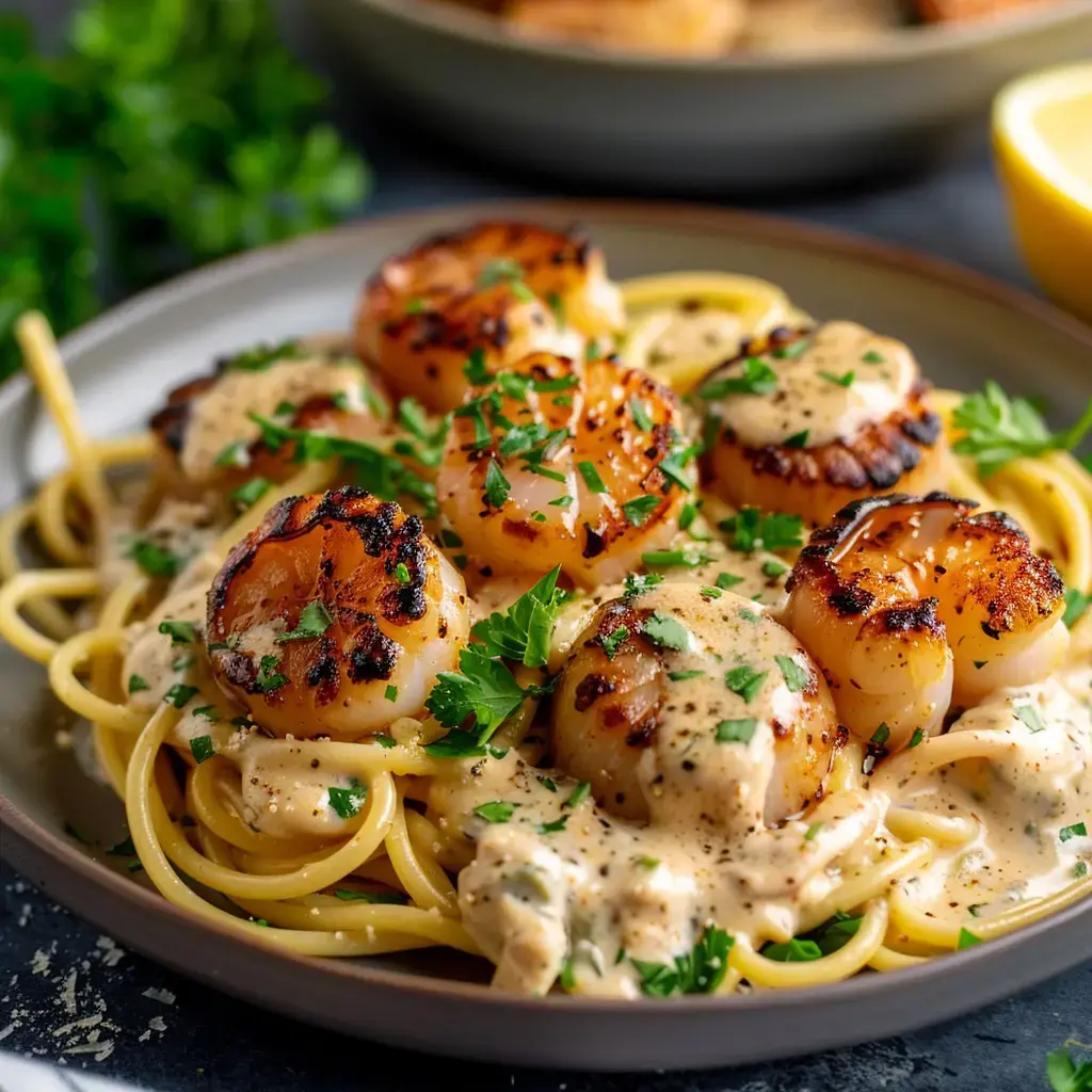 Des spaghettis garnis de Saint-Jacques dorées, enrobés d'une sauce onctueuse et décorés de persil haché.