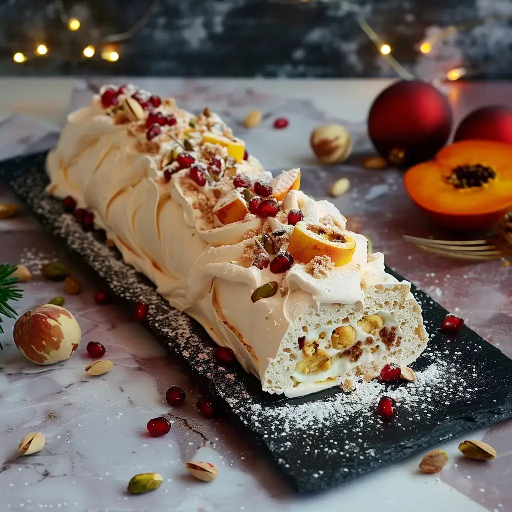 Bûche de Noël artistiquement décorée de crème, fruits rouges, éclats de grenade et fruits secs, présentée sur un plateau noir élégant.