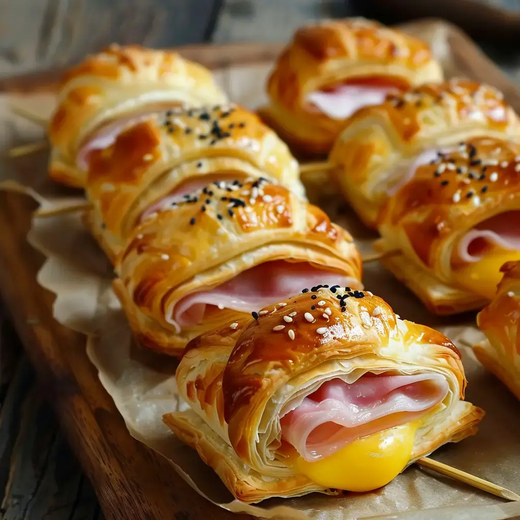 Feuilletés dorés au jambon parsemés de graines de pavot, présentés élégamment sur un plateau en bois