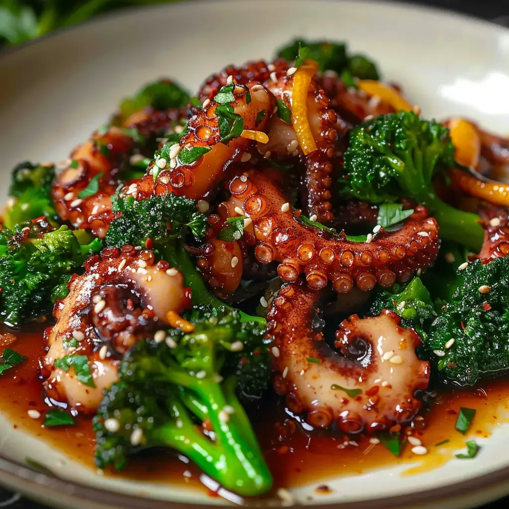Pieuvre de Méditerranée grillée servie avec des jeunes pousses de brocoli et une garniture d'agrumes