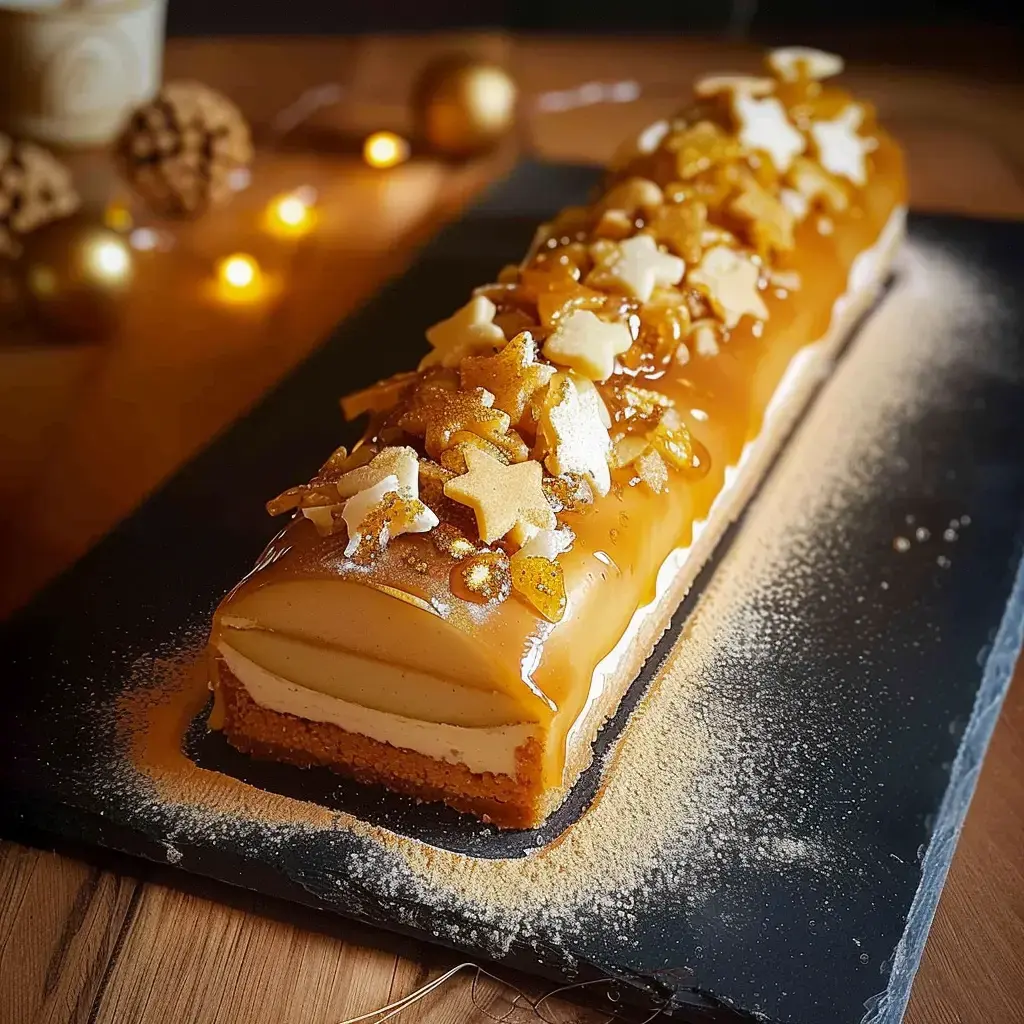 Bûche de Noël décorée de caramel et pommes caramélisées, présentée sur un plat de service noir mat