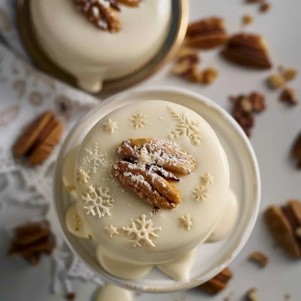 Entremet givré blanc décoré de noix de pécan et motifs glacés sur un plat de service