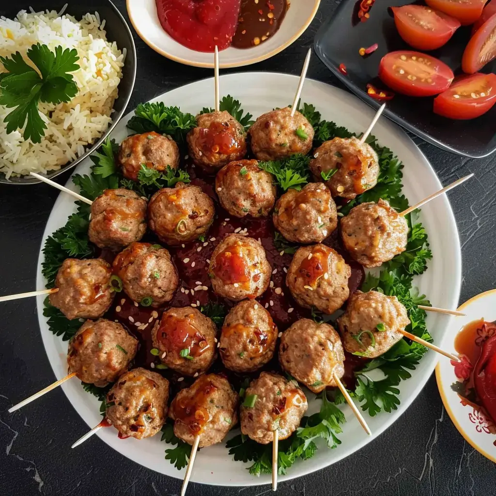 Une assiette de boulettes de viande garnies de sauce, entourées de persil, accompagnée de riz et de tomates.